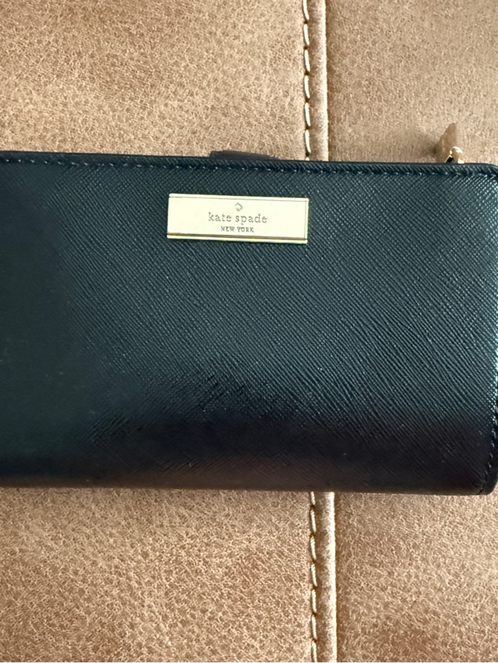 kate spade Black Saffiano Leather Zip Wallet with Gold Plaque